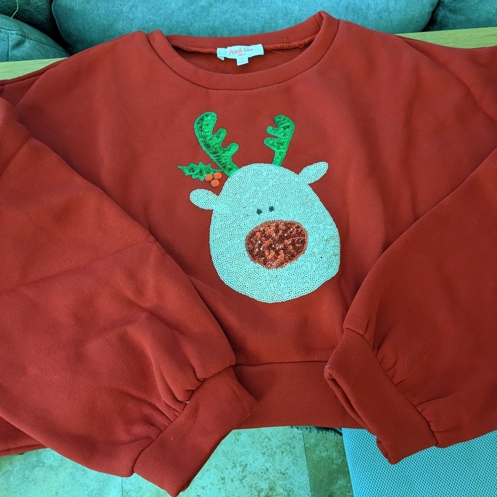 Reindeer Sequin Crewneck Sweatshirt Red Women Crop Christmas Red Nose New Cozy - Picture 6 of 7